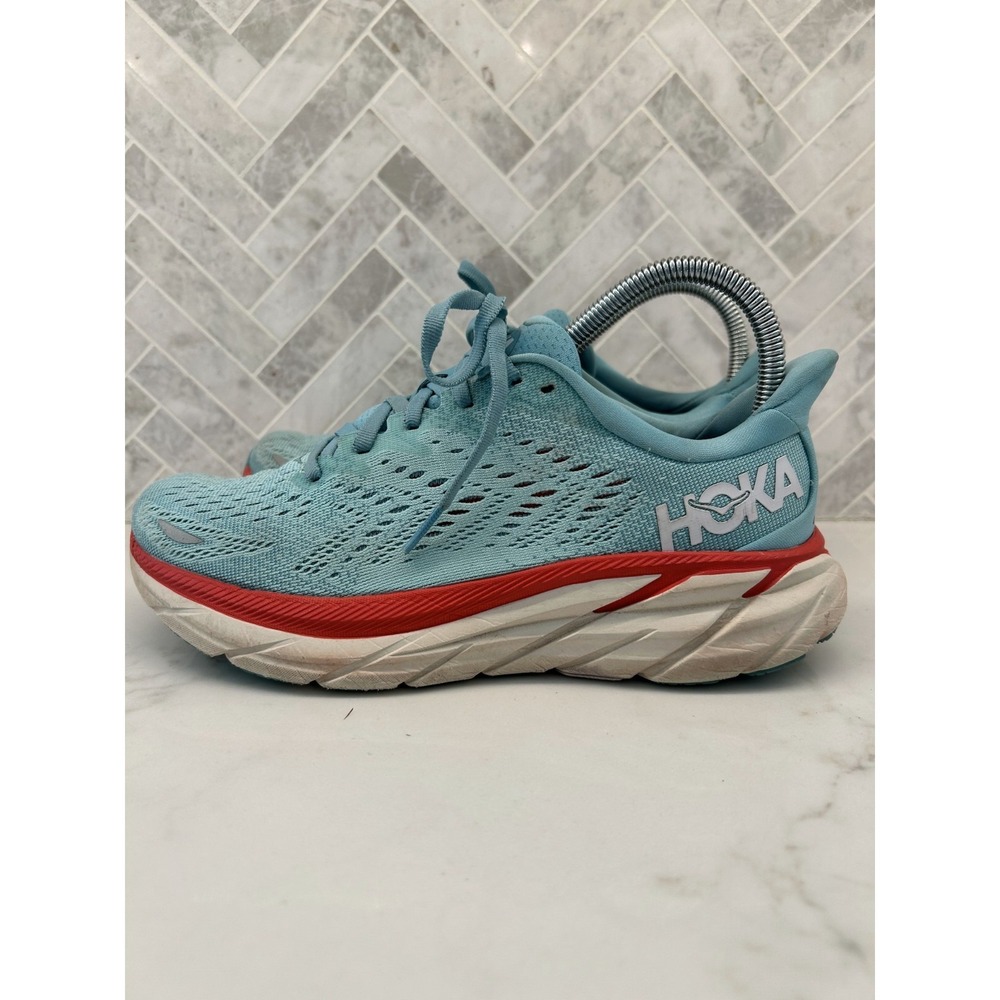 Hoka One One Clifton 8 Running Shoes Womens Size 7B 7 B Light Blue Mesh Sneakers - Picture 1 of 8